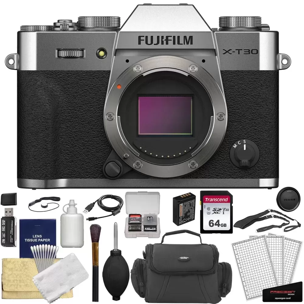 FUJIFILM X-T30 II Mirrorless Digital Camera | Body Only, Silver + Cleaning Kit | 6pc + Memory Card and Case + LCD Screen Protectors + Camera Case + Memory Card Reader + Lens Cap Keeper Bundle