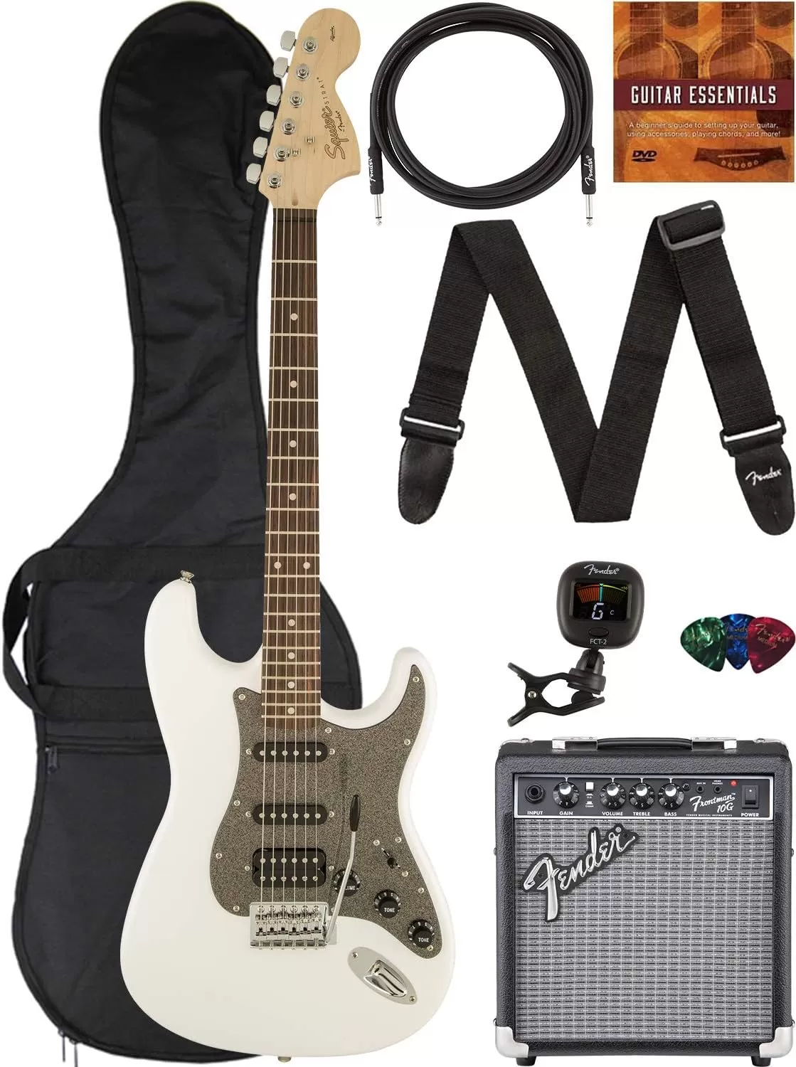 Fender Squier Stratocaster - Sunburst Bundle with Frontman 10G Amp, Gig Bag, Instrument Cable, Tuner, Strap, Picks, Fender Play Online Lessons, Instructional Book, and Austin Bazaar Instructional DVD