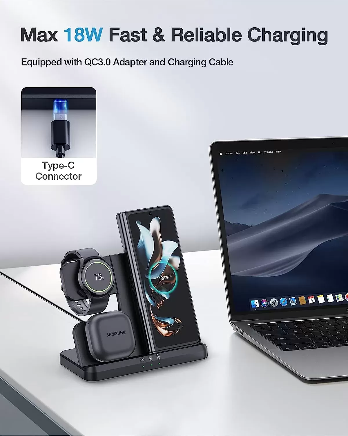 Samsung Wireless Charger, Metmoon 3 in 1 Samsung Charging Station for Galaxy S23 S22 S21 S20 Ultra FE/Note 20 10 9/Z Flip Fold Series, Galaxy Watch 5 Pro/5/4/3/Active 2/1, Buds+/Pro/Live(With Adapter)