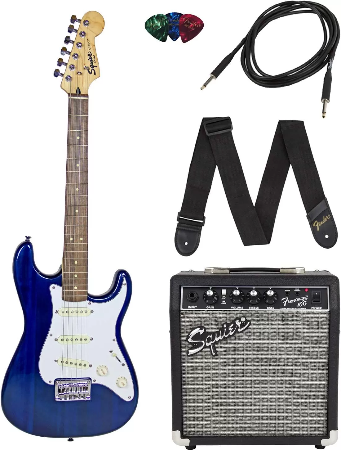 Fender Squier Stratocaster - Sunburst Bundle with Frontman 10G Amp, Gig Bag, Instrument Cable, Tuner, Strap, Picks, Fender Play Online Lessons, Instructional Book, and Austin Bazaar Instructional DVD