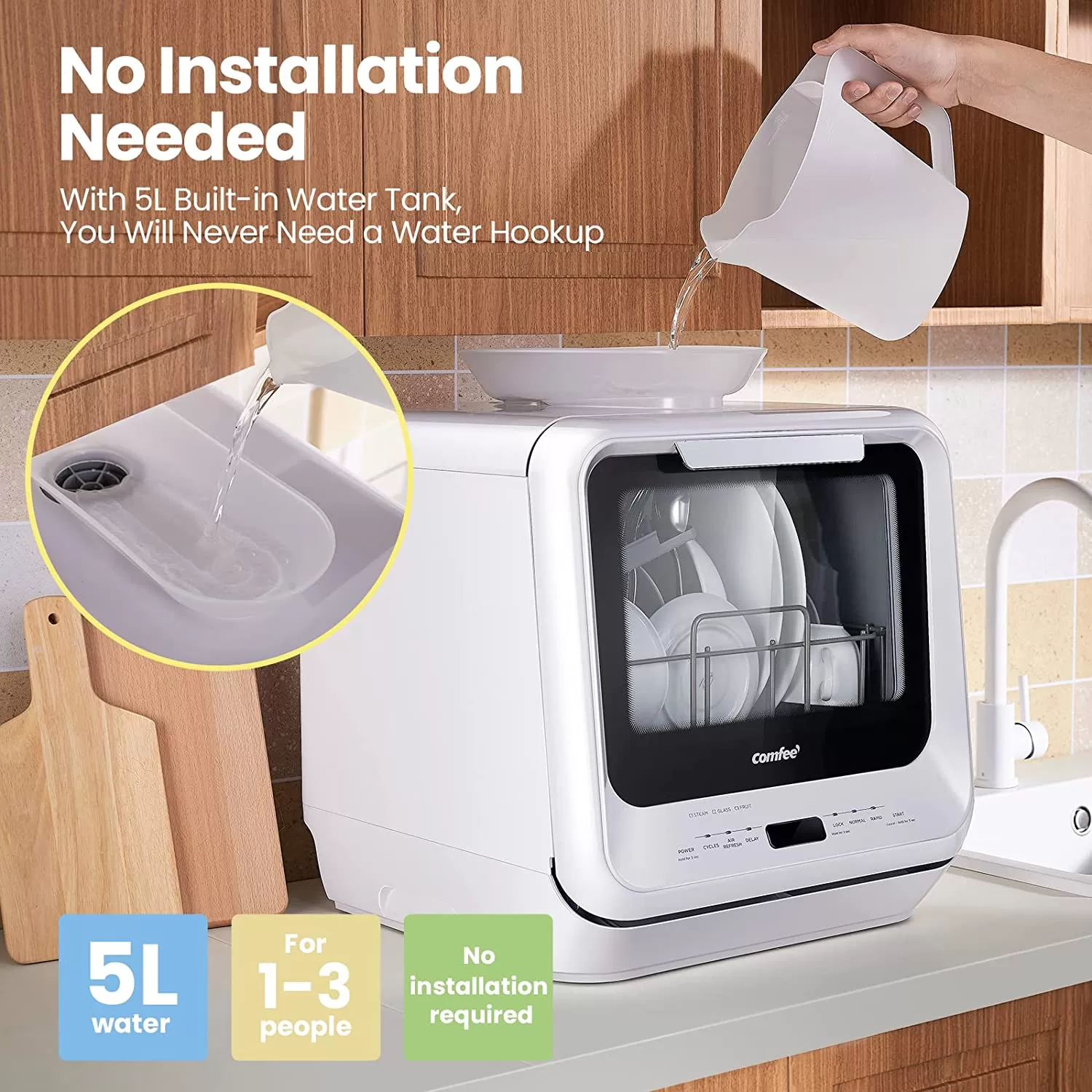 COMFEE' Portable Dishwasher Countertop, Mini Dishwasher with 5L Built-in Water Tank, No Hookup Needed, 6 Programs, 360° Dual Spray, 192°F High-Temp& Air-Dry Function, Dishwasher for Apartments& RVs