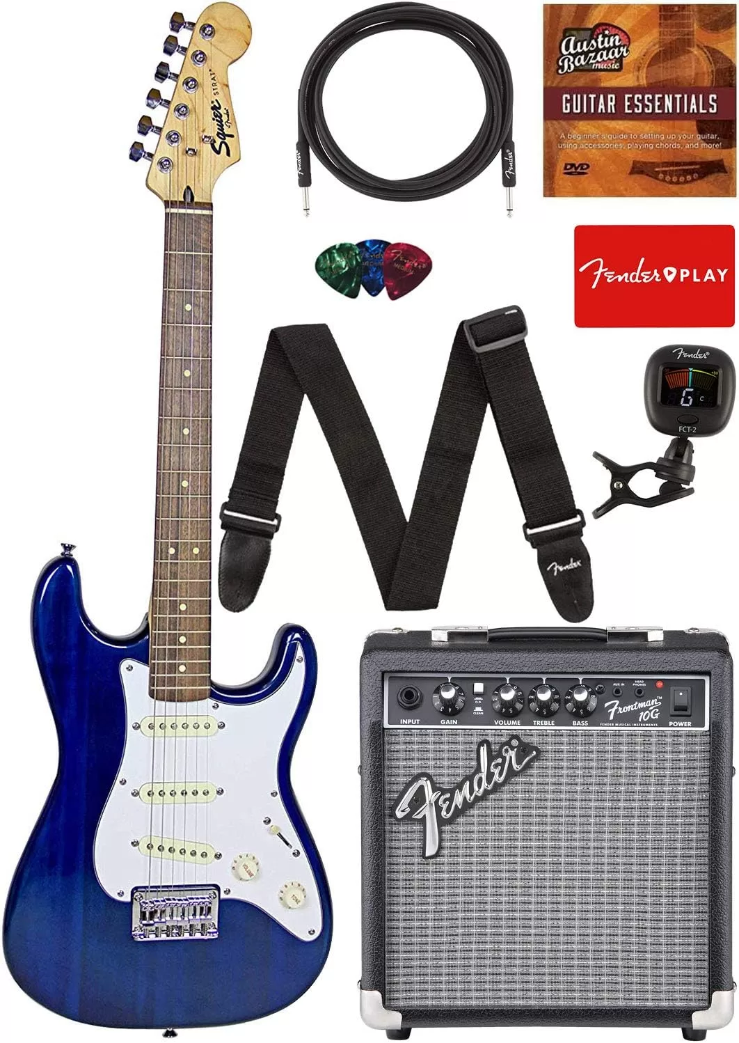 Fender Squier Stratocaster - Sunburst Bundle with Frontman 10G Amp, Gig Bag, Instrument Cable, Tuner, Strap, Picks, Fender Play Online Lessons, Instructional Book, and Austin Bazaar Instructional DVD
