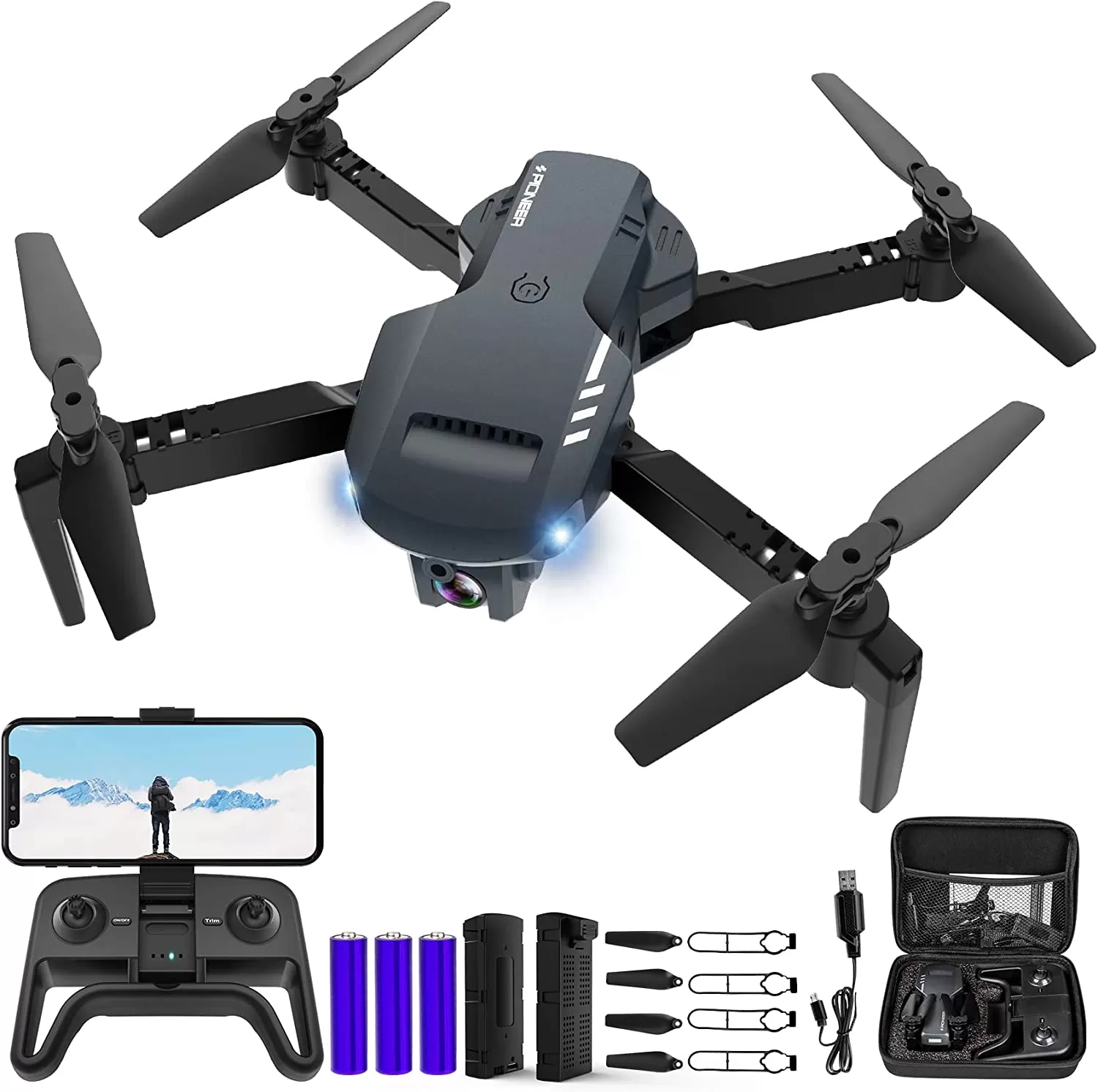 RADCLO Mini Drone with Camera - 1080P HD FPV Foldable Drone with Carrying Case, 2 Batteries, 90° Adjustable Lens, One Key Take Off/Land, Altitude Hold, 360° Flip, Toys Gifts for Kids and Adults