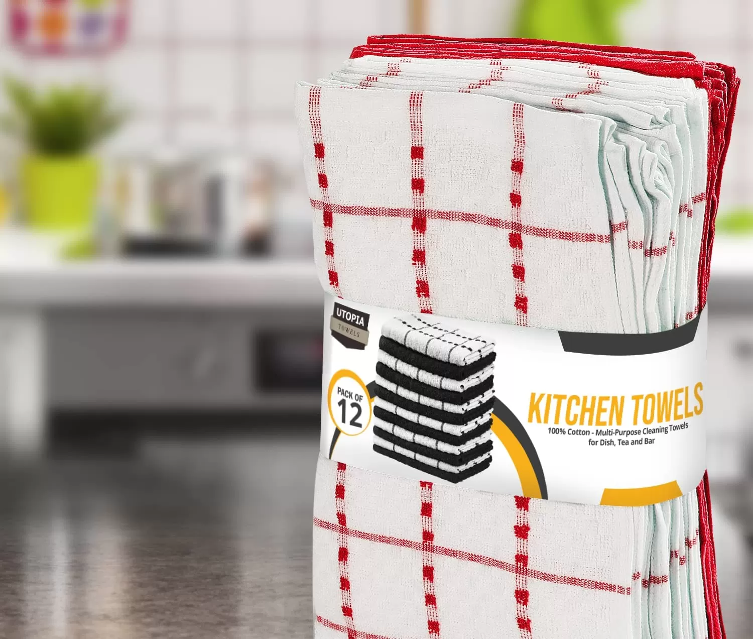 Kitchen Towels 12 Pack, 15 x 25 Inches, 100% Ring Spun Cotton Super Soft and Absorbent Linen Dish Towels, Tea Towels and Bar Towels Set (Black)