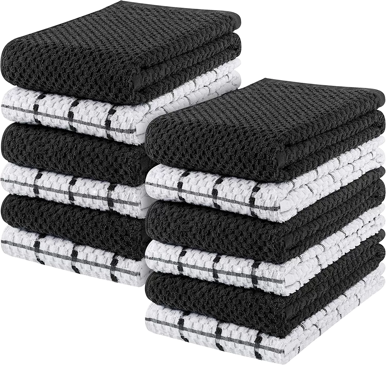 Kitchen Towels 12 Pack, 15 x 25 Inches, 100% Ring Spun Cotton Super Soft and Absorbent Linen Dish Towels, Tea Towels and Bar Towels Set (Black)