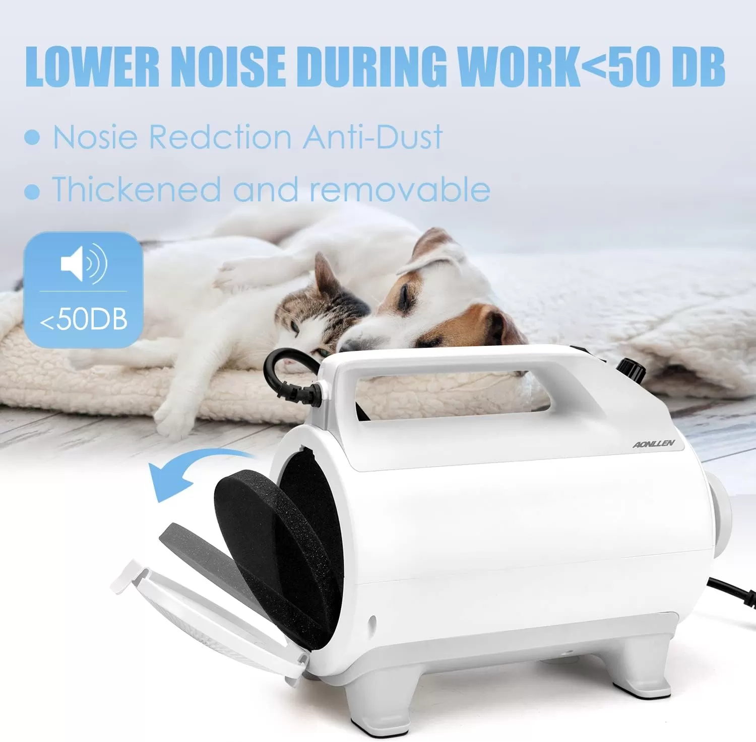 AONLLEN Dog Hair Dryer, 4.3hp Stepless Adjustable Speed High Velocity Dryer for Dogs, Dog Blower Grooming Dryer with Heater,4 Nozzles, and Pet Grooming Gloves Supplies
