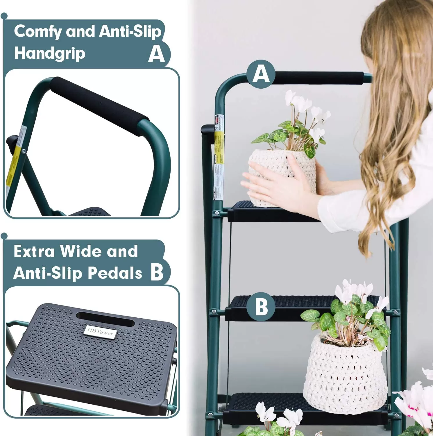 4 Step Ladder, HBTower Folding Step Stool with Tool Platform, Wide Anti-Slip Pedal, Sturdy Steel Ladder, Convenient Handgrip, Lightweight 330lbs Portable Steel Step Stool, Black