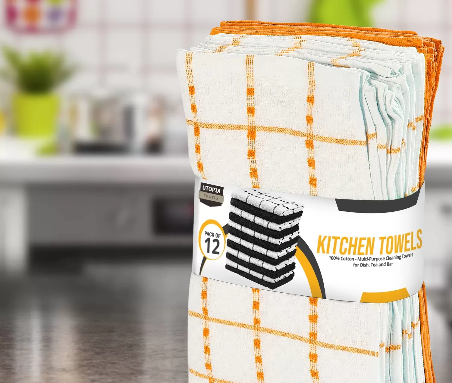 Kitchen Towels 12 Pack, 15 x 25 Inches, 100% Ring Spun Cotton Super Soft and Absorbent Linen Dish Towels, Tea Towels and Bar Towels Set (Black)