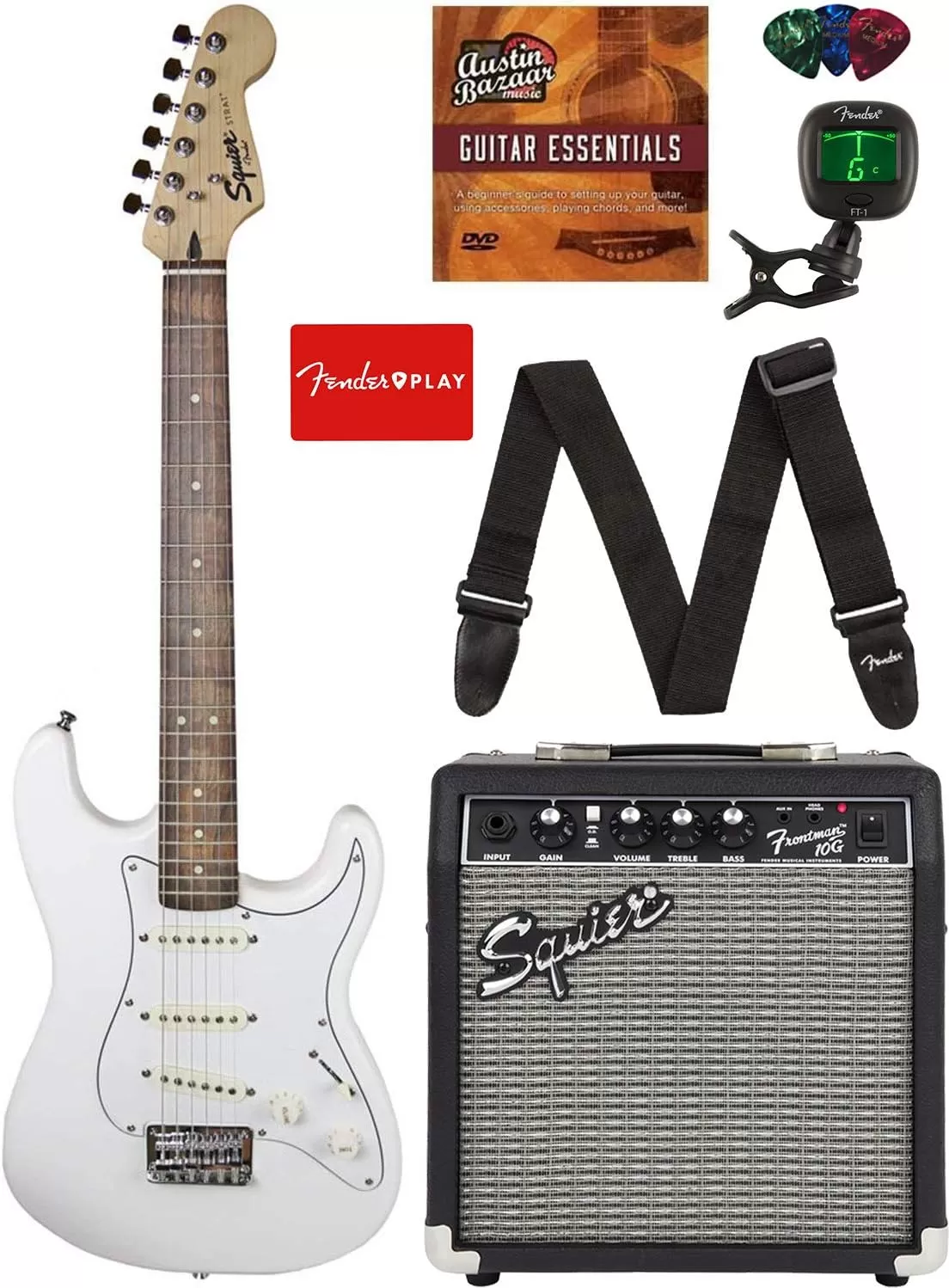 Fender Squier Stratocaster - Sunburst Bundle with Frontman 10G Amp, Gig Bag, Instrument Cable, Tuner, Strap, Picks, Fender Play Online Lessons, Instructional Book, and Austin Bazaar Instructional DVD