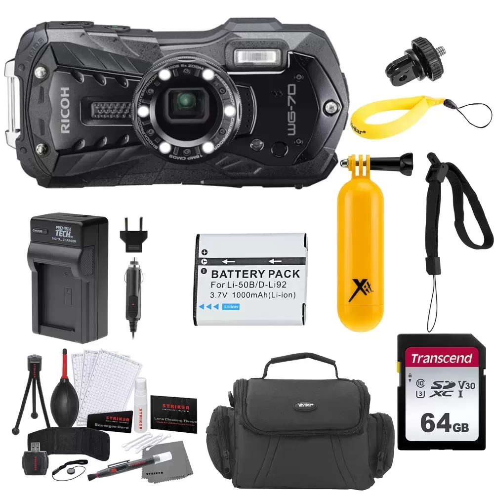 Ricoh WG-70 Digital Camera | Black + 64GB memory card + Action Camera Float Handle + Floating Strap for Waterproof Cameras + Economy Conversion Tripod Adapter Action Camera Mount to 1/4 Camera Screw + Lithium-Ion Battery Pack + Camera Case + Photo St