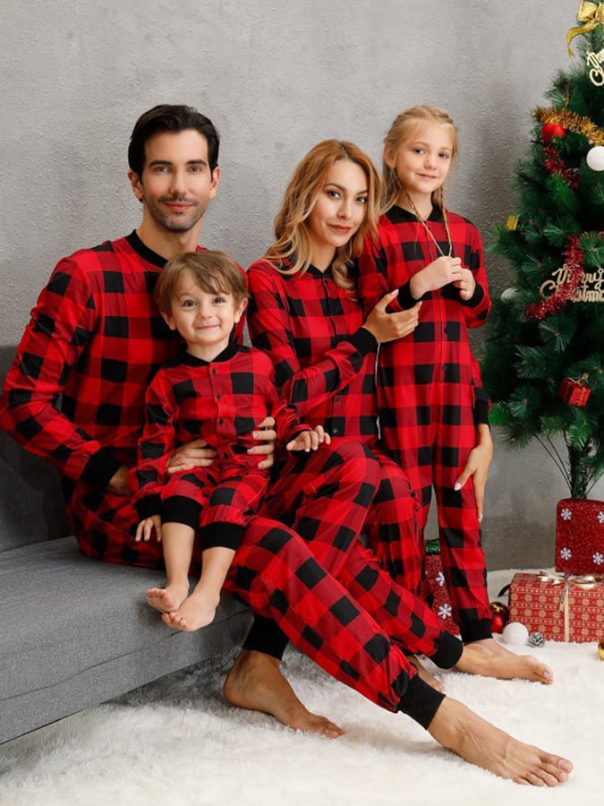 Christmas Plaid Long Sleeve Jumpsuit Pajamas Matching Family Set