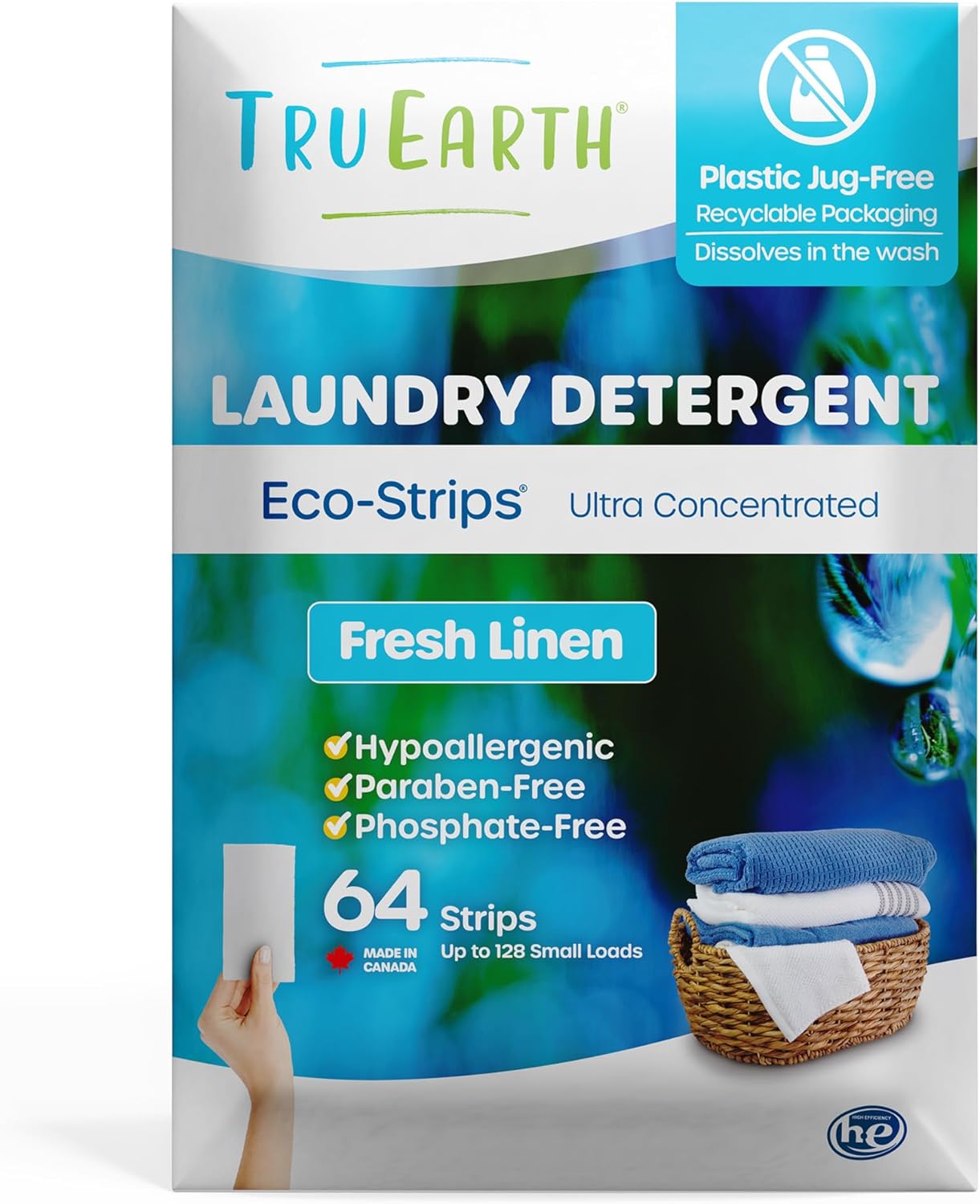 Tru Earth Compact Dry Laundry Detergent Sheets - Up to 128 Loads (64 Sheets) - Paraben-Free, Plastic-Free - Original Eco-Strip Liquidless Laundry Detergent, Travel Laundry Sheets - Fresh Linen