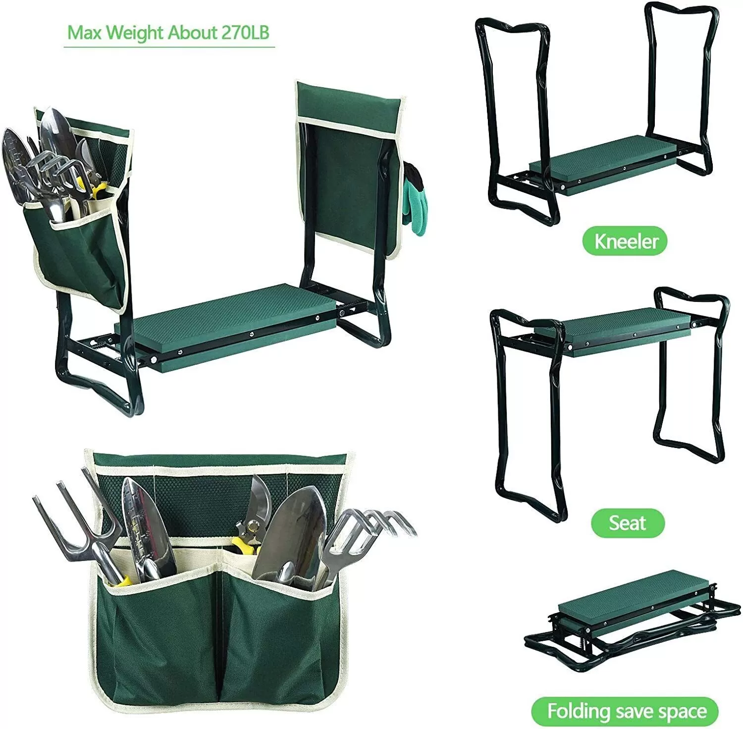 Garden Stool Foldable Heavy Duty Garden Bench with EVA Foam Kneeling Pad, Garden Tools, Gardening Gloves and Tools Bag, Gardening Gifts for Women/Mother and Men