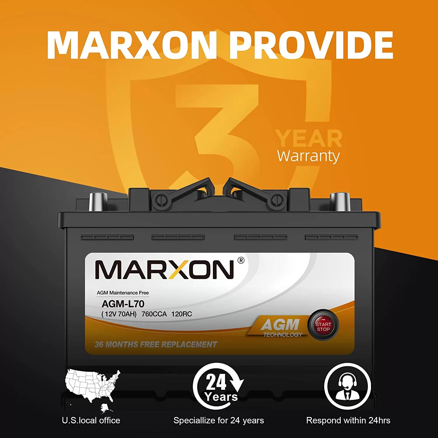MARXON Group 48 H6 L3 Start and Stop Car Battery 12v 70AH 760CCA AGM BCI48 Maintenance Free Automotive Replacement Batteries Three Years Warranty