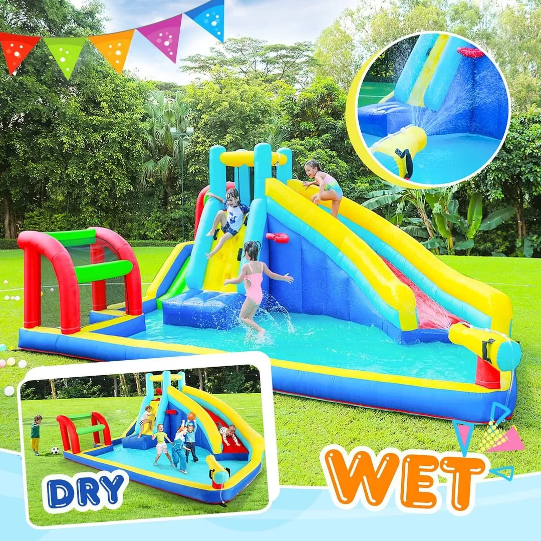 Selling out soon❗❗Kids Outdoor Inflatable Bouncers Water Slide Pool with Long Slide Climbing Wall, Including Stakes (with 450W Air Blower)