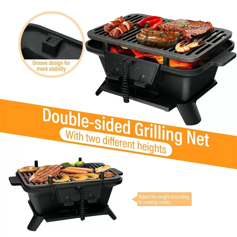 Portable Cast Iron Charcoal Grill with Double-sided Grilling Net for Camping Picnic