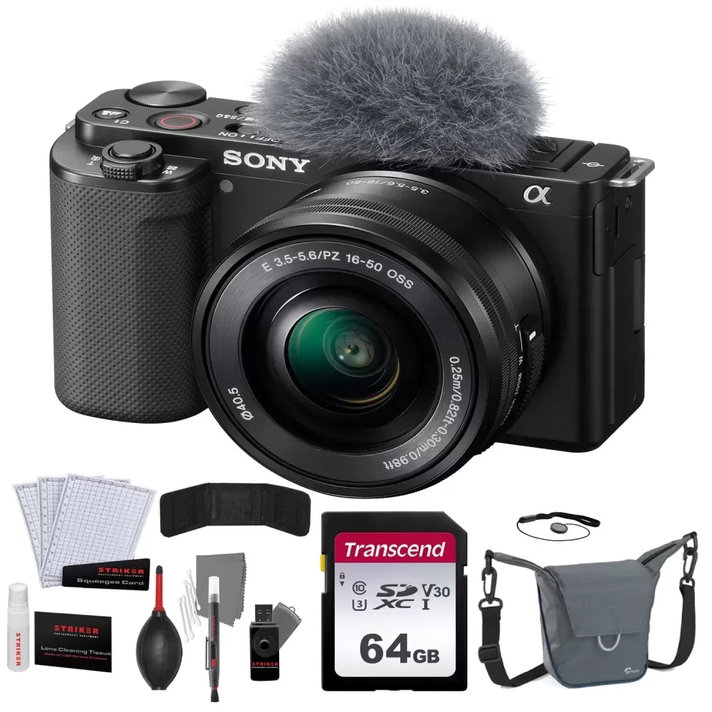 Sony ZV-E10 Mirrorless Camera with 16-50mm Lens | Black + Lowepro Camera Case |Grey + Transcend 64GB Memory Card + Striker Photo Starter Kit (11 Pieces) Bundle