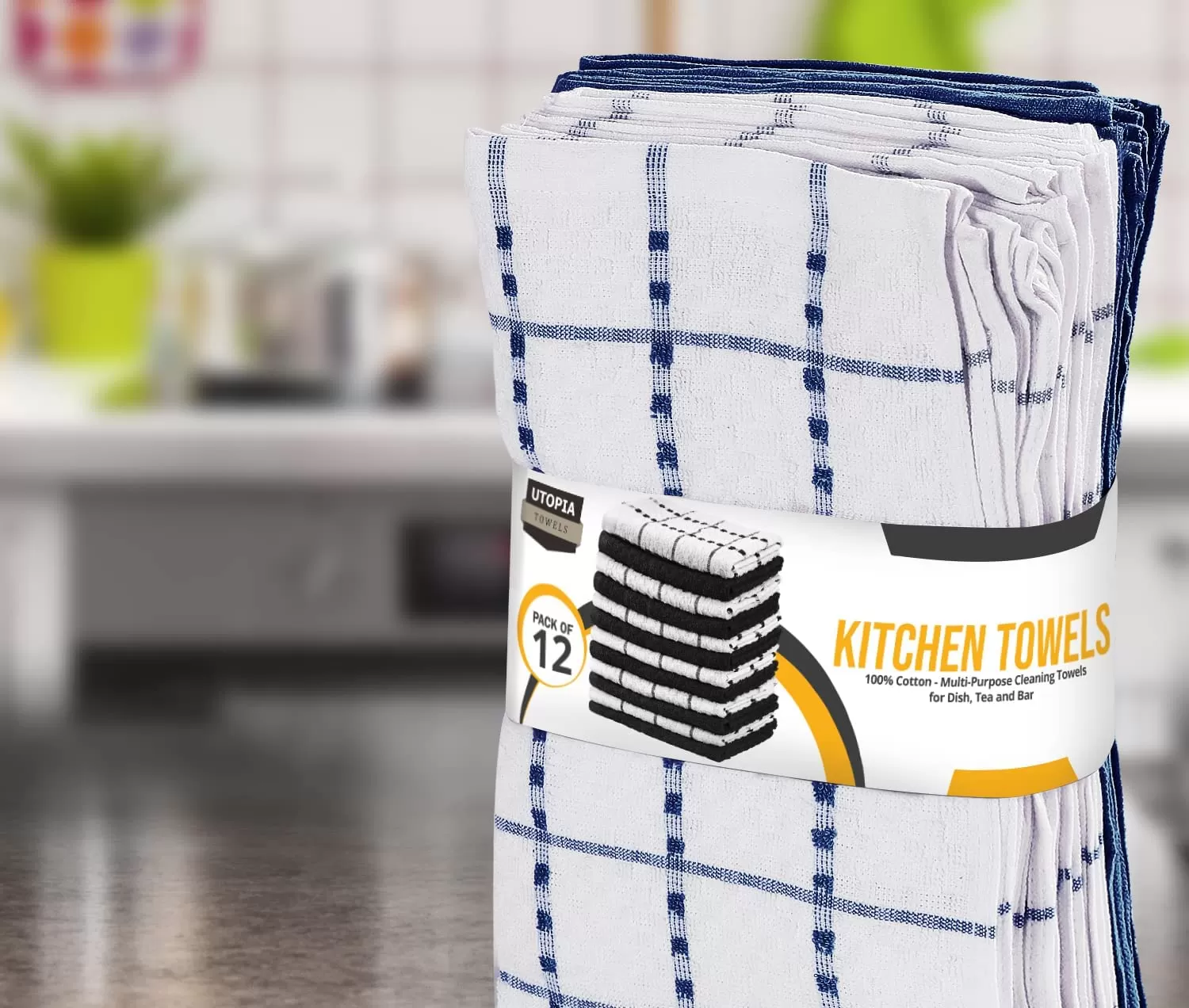Kitchen Towels 12 Pack, 15 x 25 Inches, 100% Ring Spun Cotton Super Soft and Absorbent Linen Dish Towels, Tea Towels and Bar Towels Set (Black)