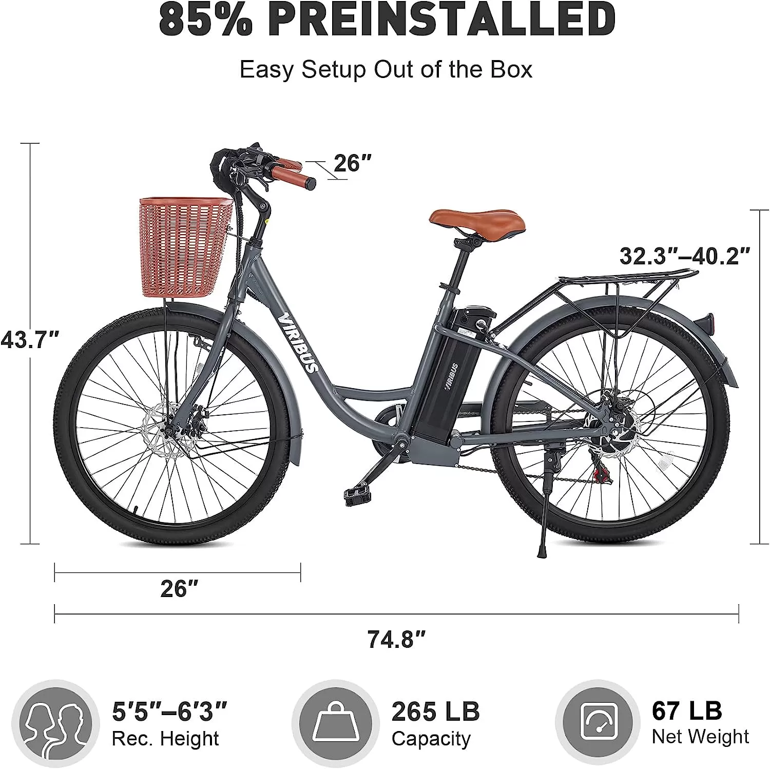 Viribus Electric Bike, Electric Cruiser Bike Adults Women, 25mph 40+ Mile Range 26