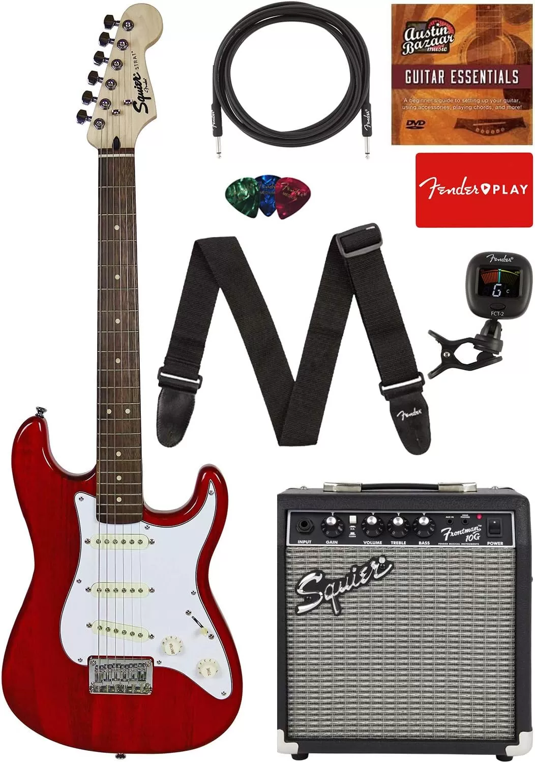 Fender Squier Stratocaster - Sunburst Bundle with Frontman 10G Amp, Gig Bag, Instrument Cable, Tuner, Strap, Picks, Fender Play Online Lessons, Instructional Book, and Austin Bazaar Instructional DVD