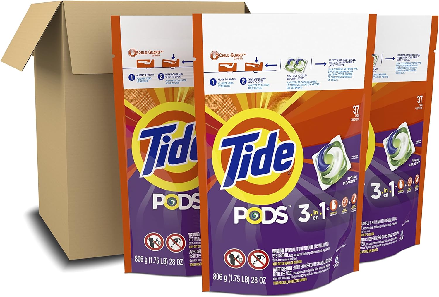 Tide PODS Laundry Detergent Soap Pods, Spring Meadow, 37 Count (Pack of 3 Bag Value Pack), Total 111 Count, HE Compatible