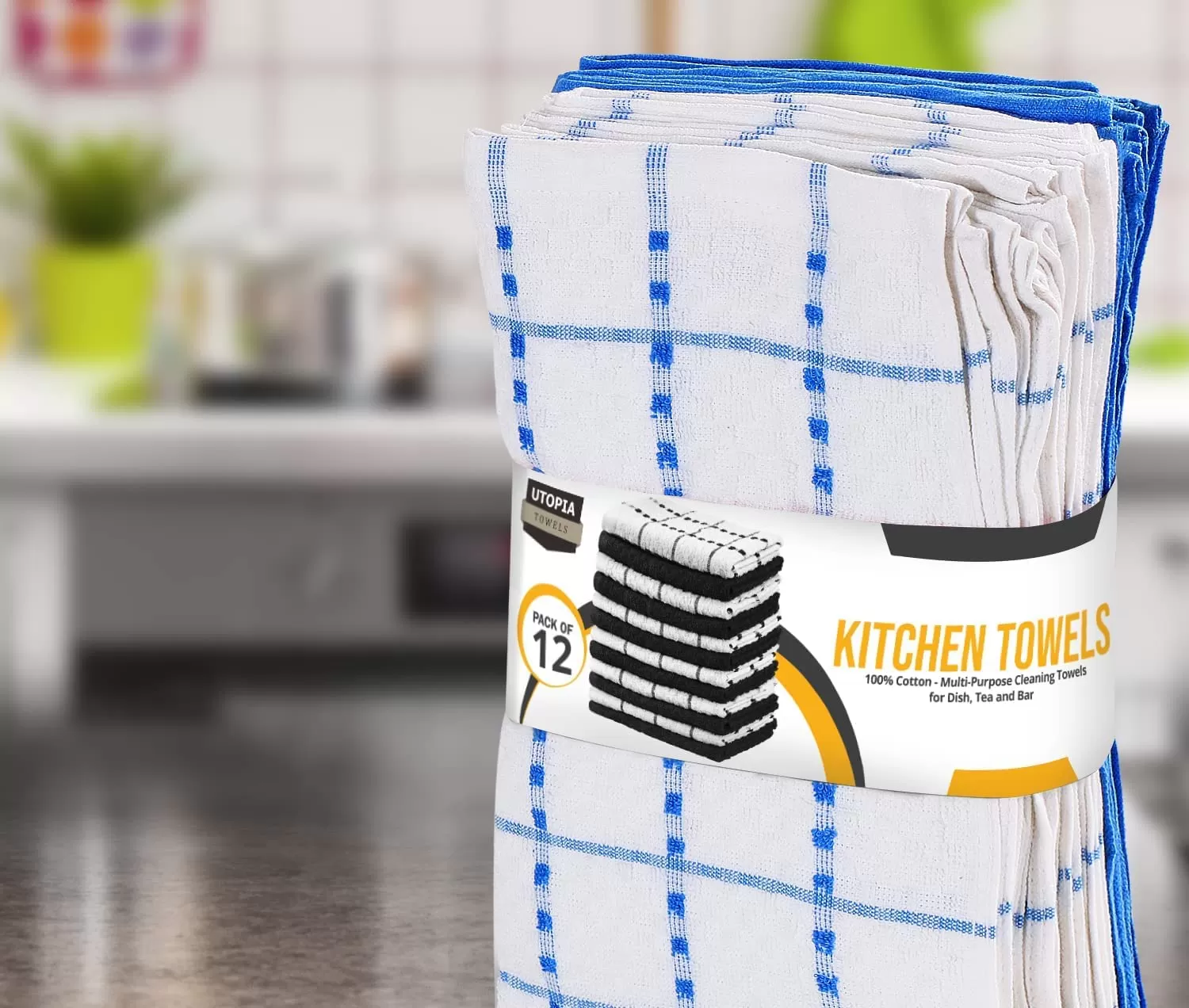 Kitchen Towels 12 Pack, 15 x 25 Inches, 100% Ring Spun Cotton Super Soft and Absorbent Linen Dish Towels, Tea Towels and Bar Towels Set (Black)