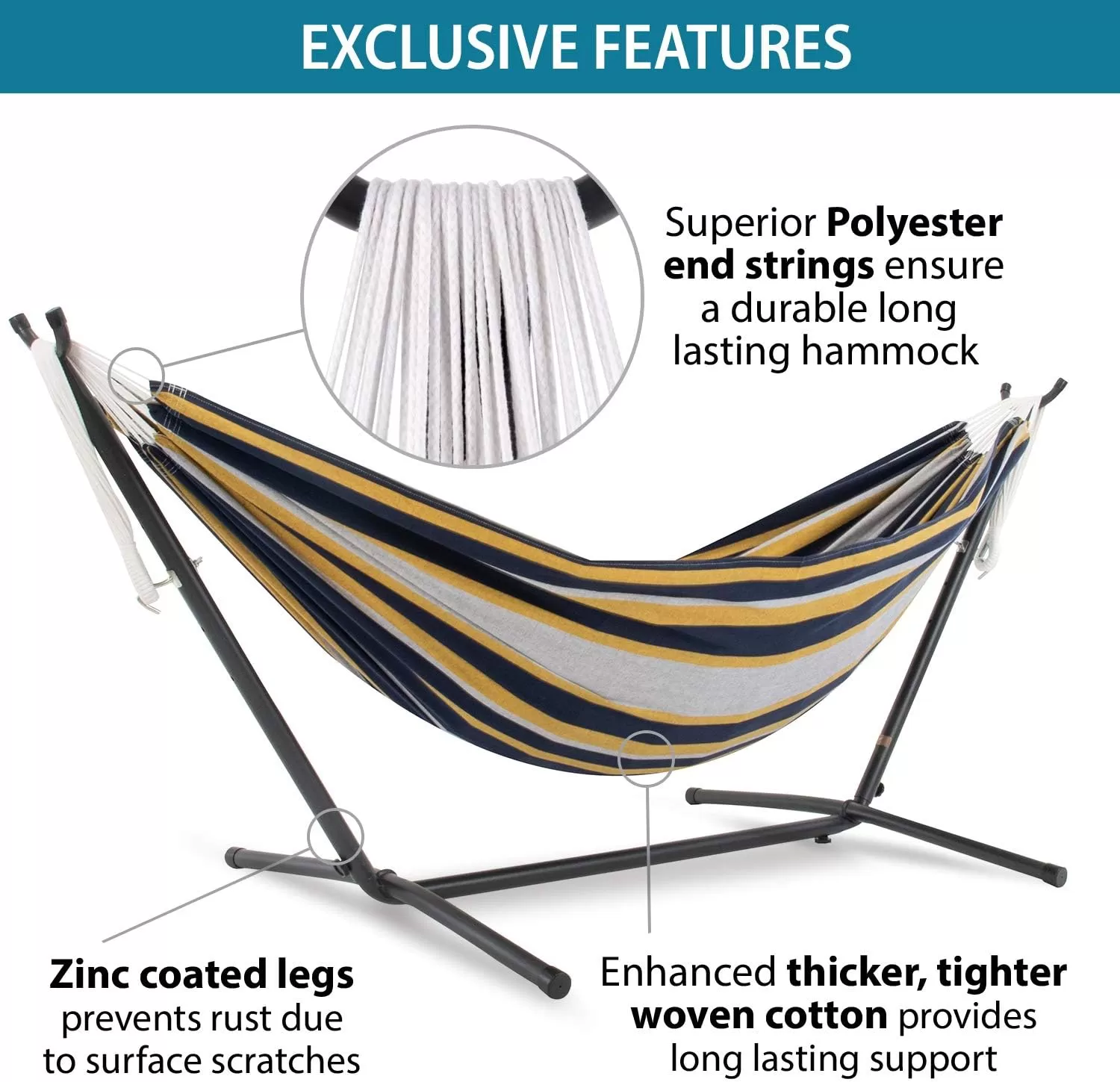 Double Cotton Hammock with Space Saving Steel Stand, Tropical (450 lb Capacity - Premium Carry Bag Included)
