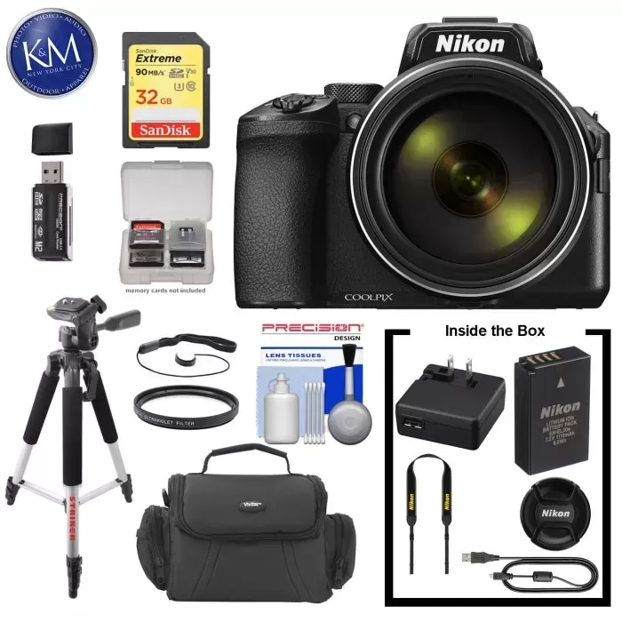 Nikon COOLPIX P950 Digital Camera with 32GB Card, SD Card Reader, 5Pc Cleaning Kit, UV Filter, Large Tripod and Camera Bag Bundle