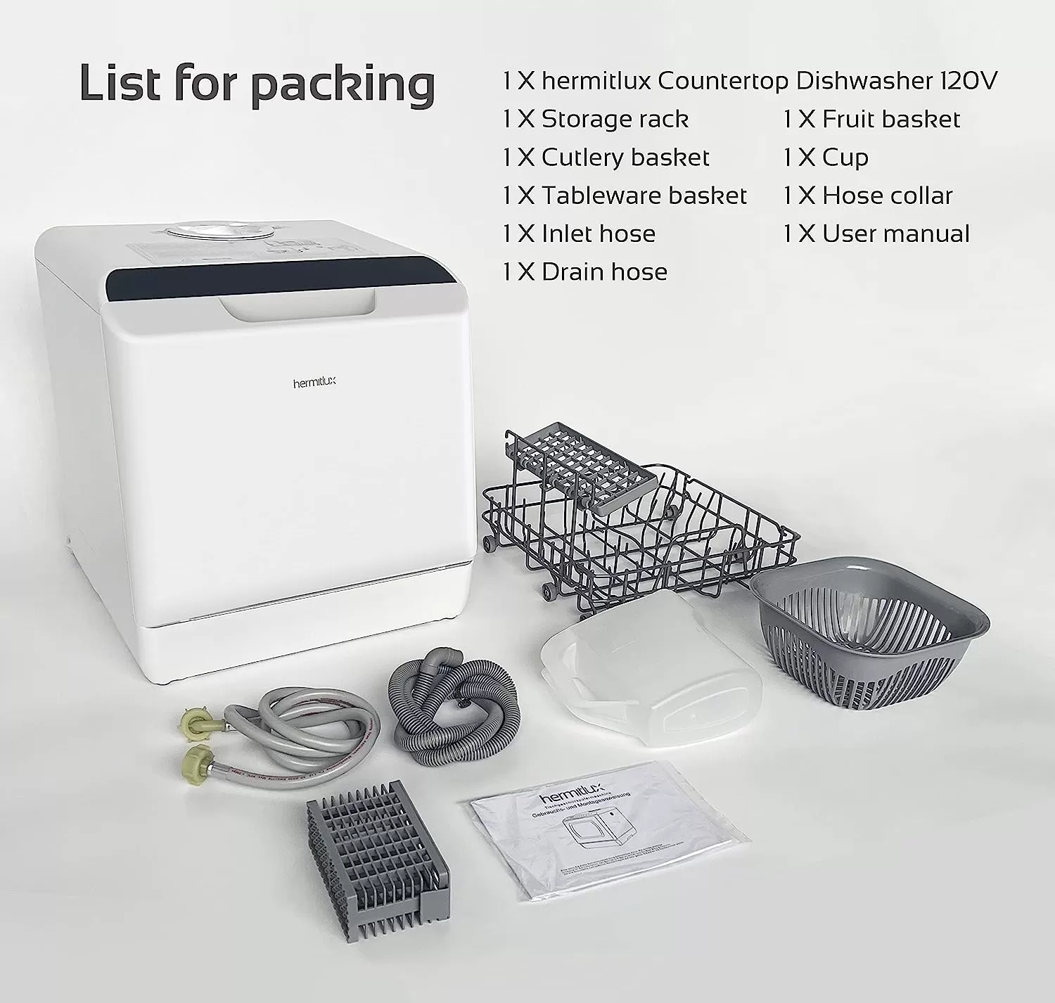 Hermitlux Countertop Dishwasher, 5 Washing Programs Portable Dishwasher With 5-Liter Built-in Water Tank, No Hookup Needed