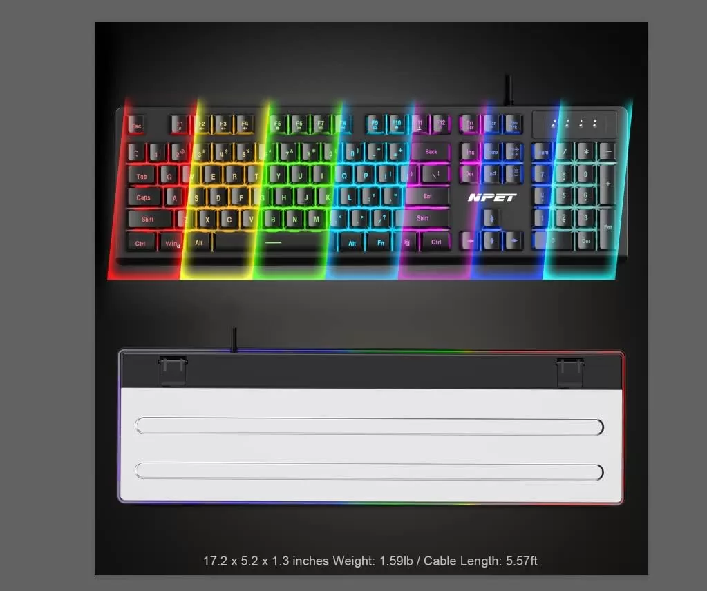 NPET K10 Wired Gaming Keyboard, LED Backlit, Spill-Resistant Design, Multimedia Keys, Quiet Silent USB Membrane Keyboard for Desktop, Computer, PC (Black)