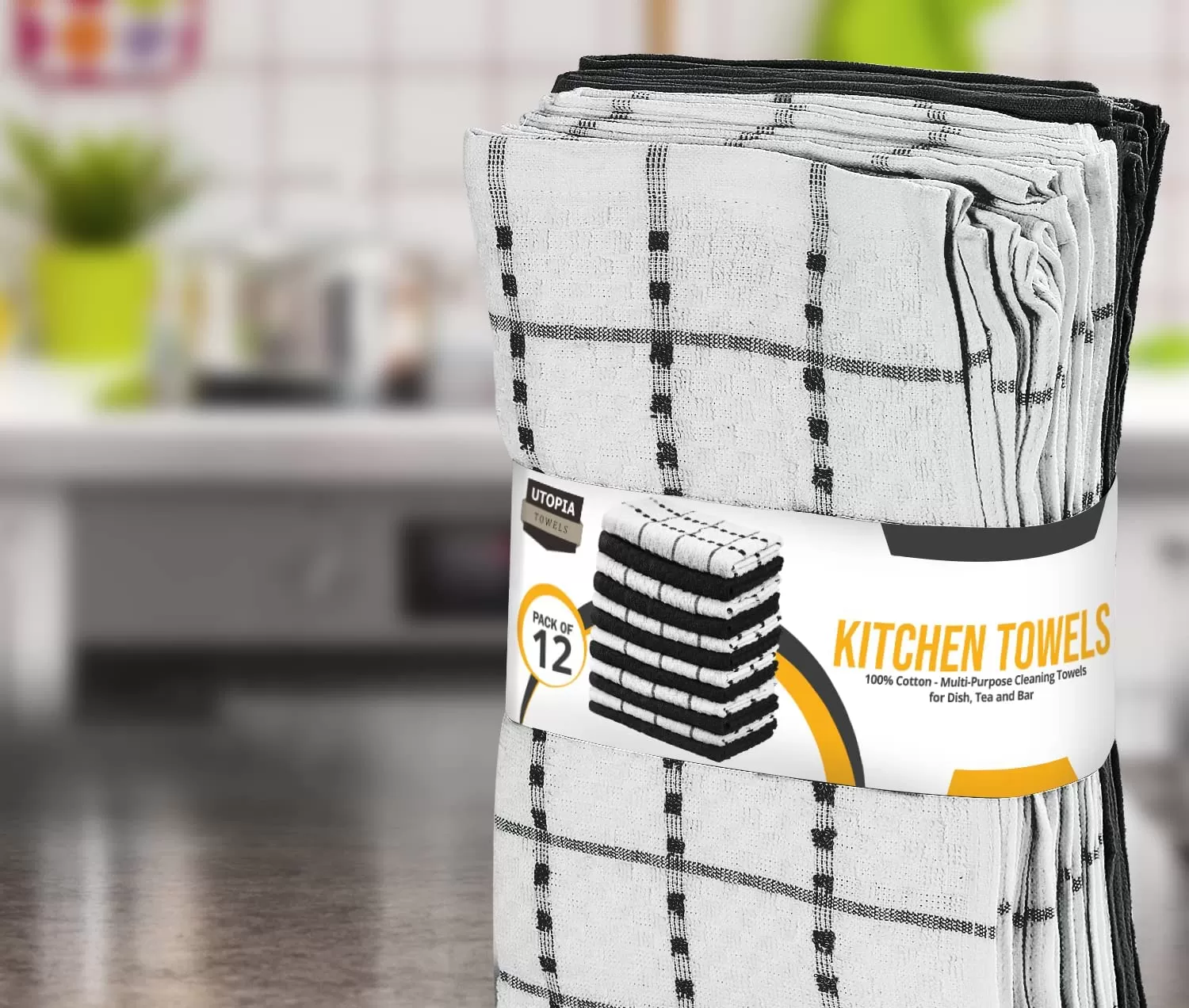 Kitchen Towels 12 Pack, 15 x 25 Inches, 100% Ring Spun Cotton Super Soft and Absorbent Linen Dish Towels, Tea Towels and Bar Towels Set (Black)