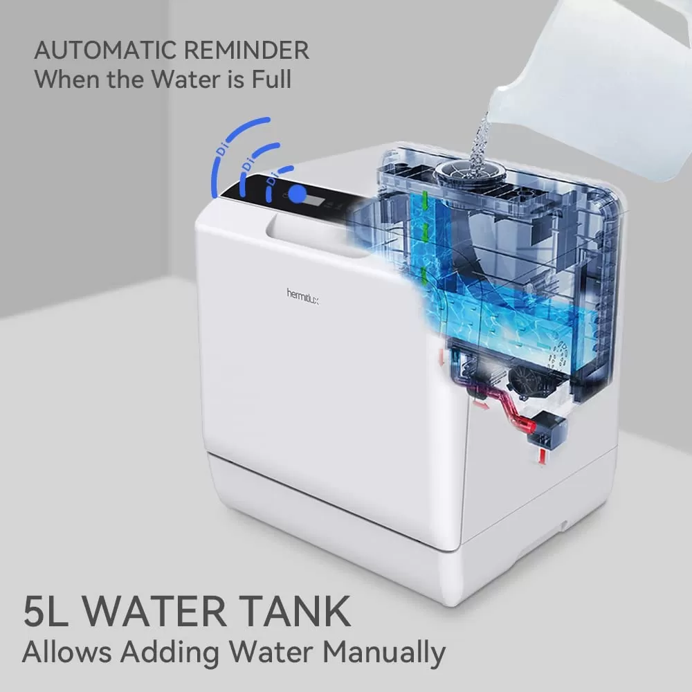 Hermitlux Countertop Dishwasher, 5 Washing Programs Portable Dishwasher With 5-Liter Built-in Water Tank, No Hookup Needed