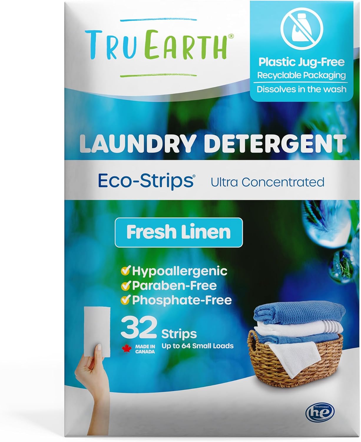 Tru Earth Compact Dry Laundry Detergent Sheets - Up to 128 Loads (64 Sheets) - Paraben-Free, Plastic-Free - Original Eco-Strip Liquidless Laundry Detergent, Travel Laundry Sheets - Fresh Linen