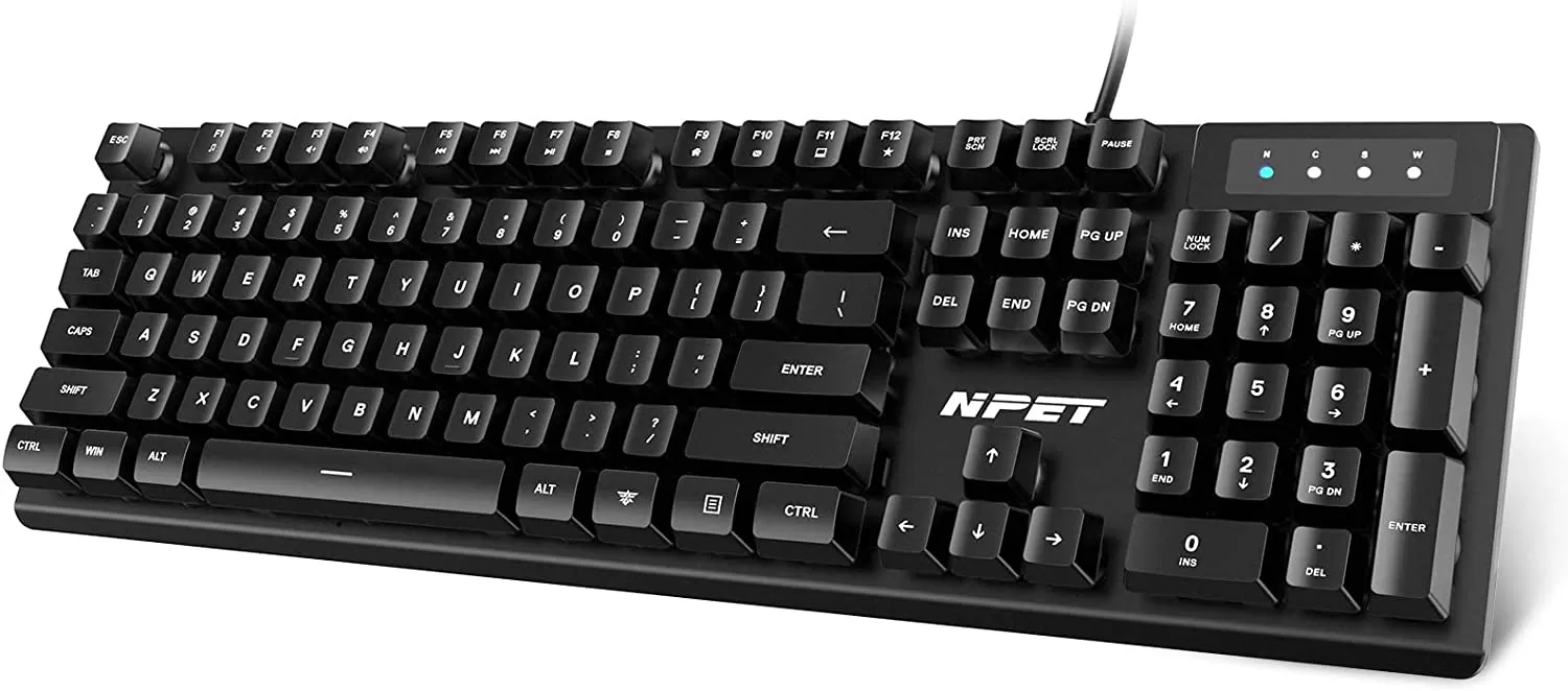 NPET K10 Wired Gaming Keyboard, LED Backlit, Spill-Resistant Design, Multimedia Keys, Quiet Silent USB Membrane Keyboard for Desktop, Computer, PC (Black)
