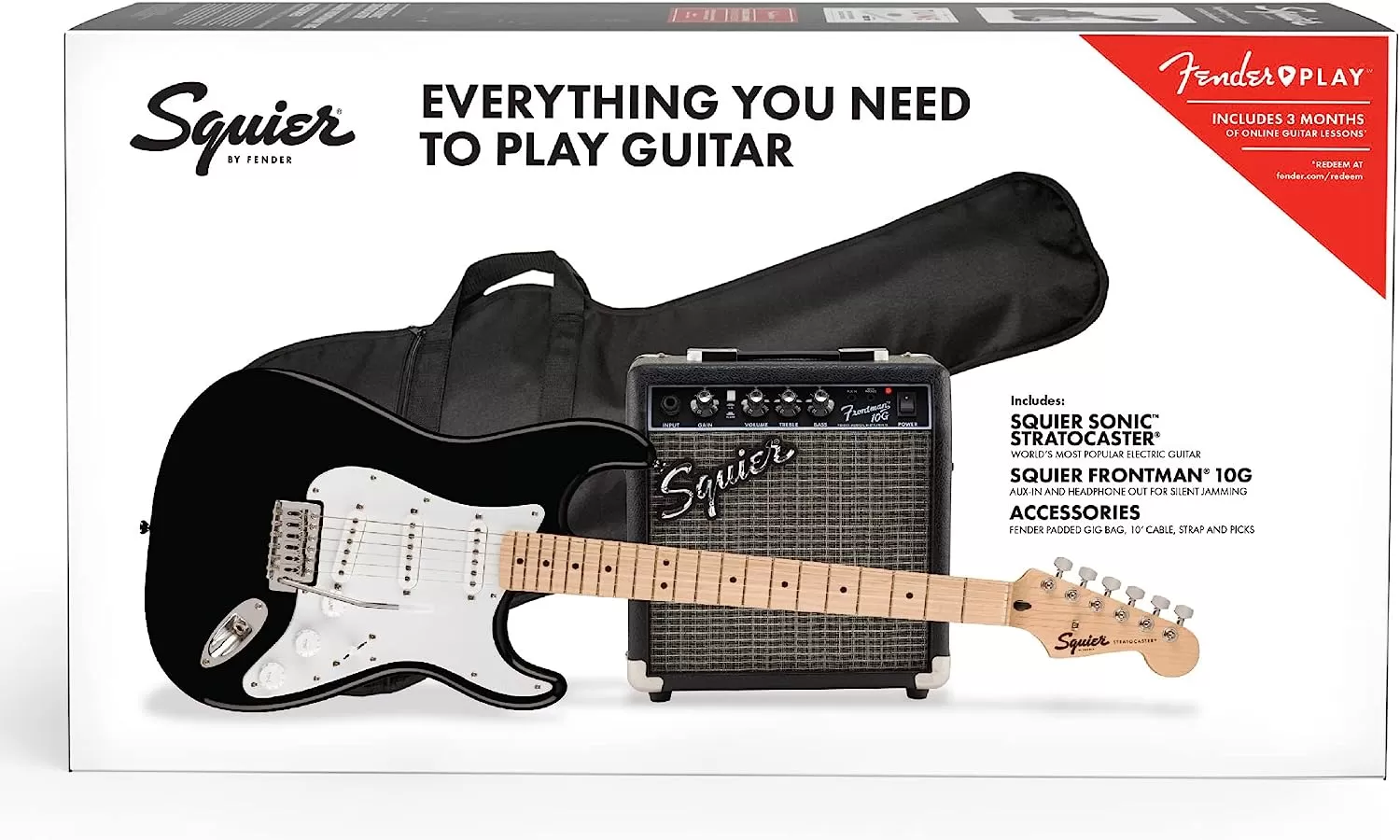 Fender Squier Stratocaster - Sunburst Bundle with Frontman 10G Amp, Gig Bag, Instrument Cable, Tuner, Strap, Picks, Fender Play Online Lessons, Instructional Book, and Austin Bazaar Instructional DVD