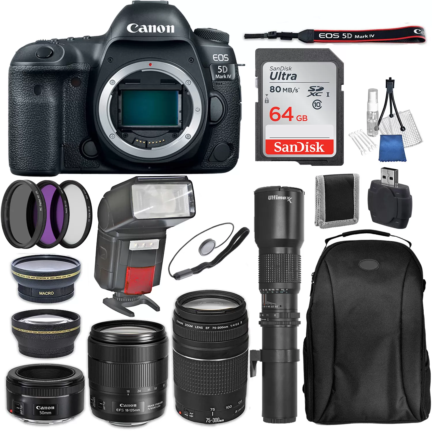 Canon EOS 5D Mark IV DSLR Camera With 24-105mm F/4L II Lens, 75-300mm F/4-5.6 III USM Lens, 50mm F/1.8 STM Lens, Ultimaxx 500mm Preset Lens And Accessory Bundle