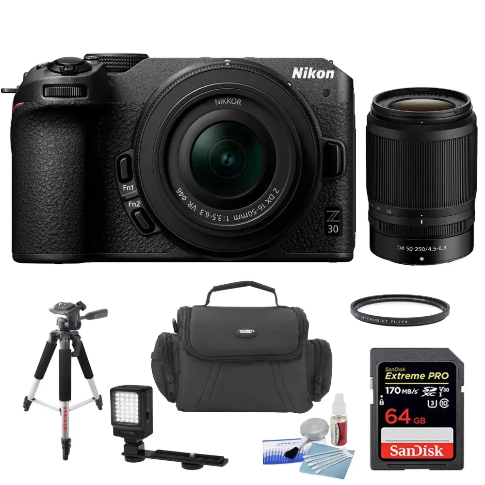 Nikon Z30 Mirrorless Camera | 16-50mm and 50-250mm Lenses + 64GB  Memory Card + Vivitar Camera Case + Precision Design 5-Piece Camera & Lens Cleaning Kit  + Precision Design Camera Light with Bracket + Striker 3 Section Tripod w/Case + 3-Piece Filter