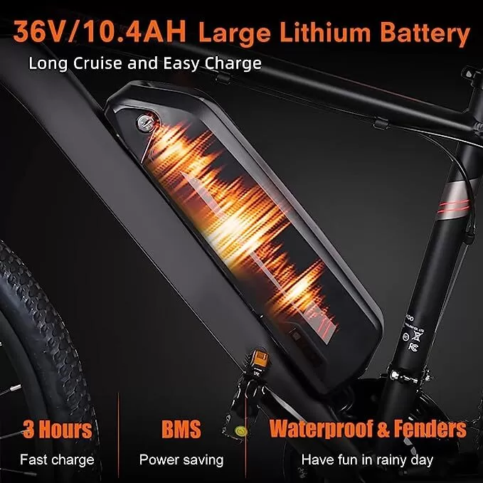 26'' Mountain Ebike 350W 36V/10.4AH Removable Lithium Battery, 2X Faster Charge Shimano 21 Speed and LCD Smart Meter