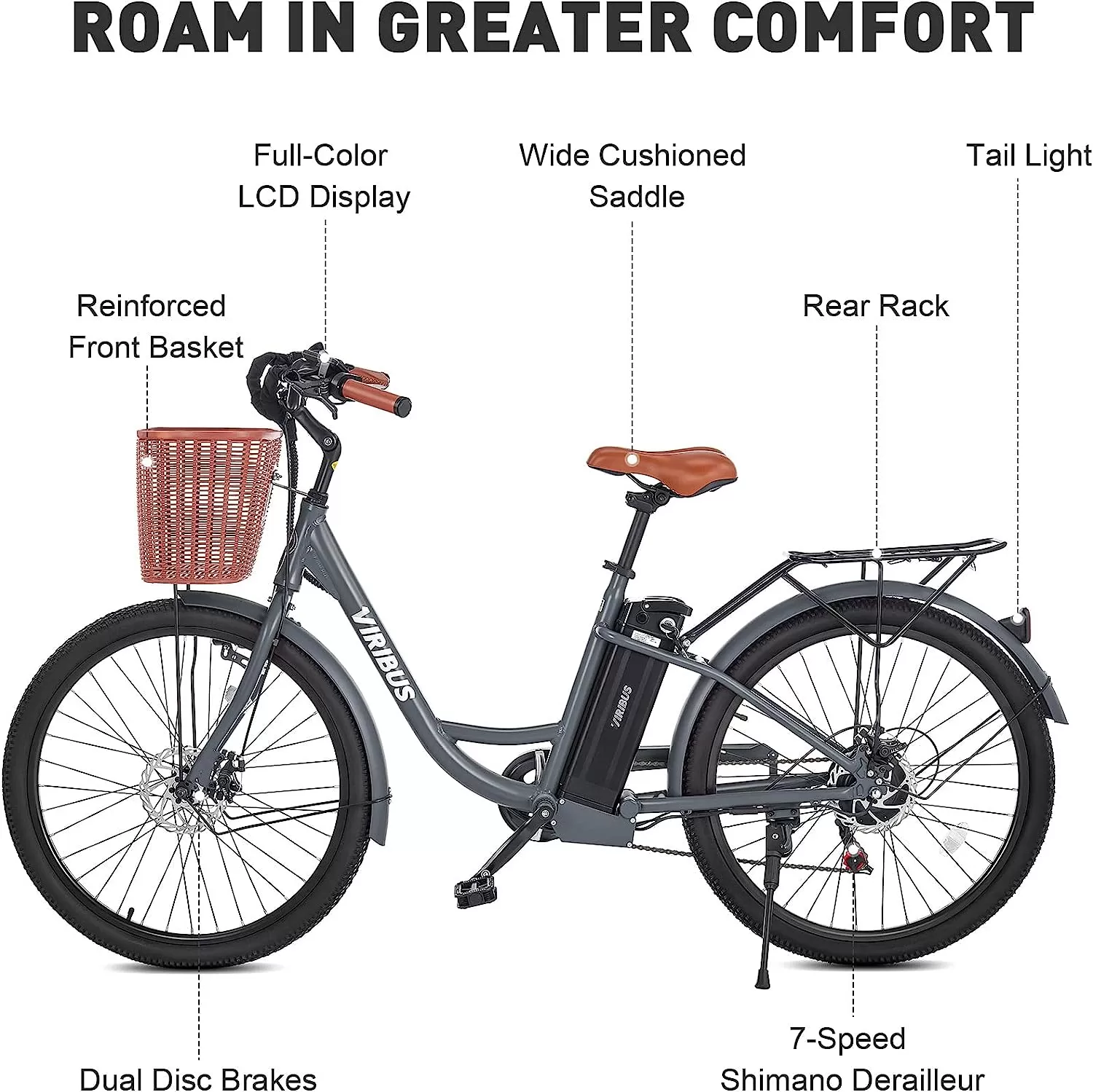 Viribus Electric Bike, Electric Cruiser Bike Adults Women, 25mph 40+ Mile Range 26
