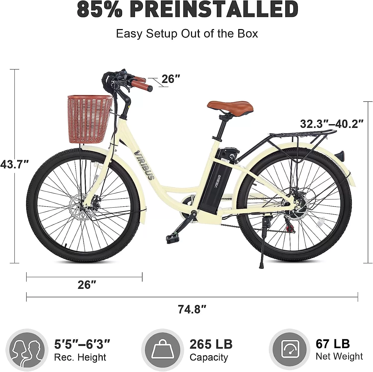 Viribus Electric Bike, Electric Cruiser Bike Adults Women, 25mph 40+ Mile Range 26