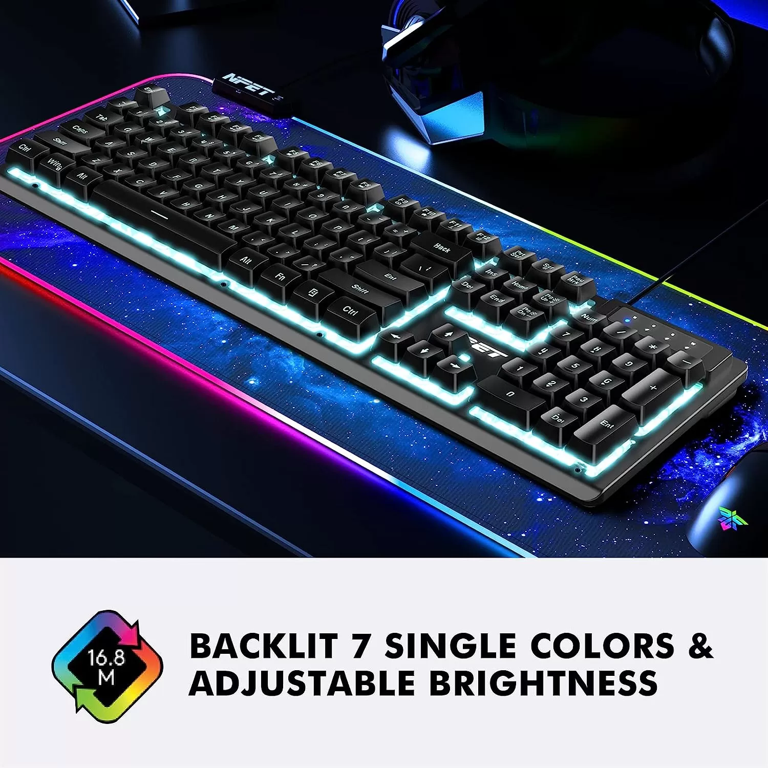 NPET K10 Wired Gaming Keyboard, LED Backlit, Spill-Resistant Design, Multimedia Keys, Quiet Silent USB Membrane Keyboard for Desktop, Computer, PC (Black)