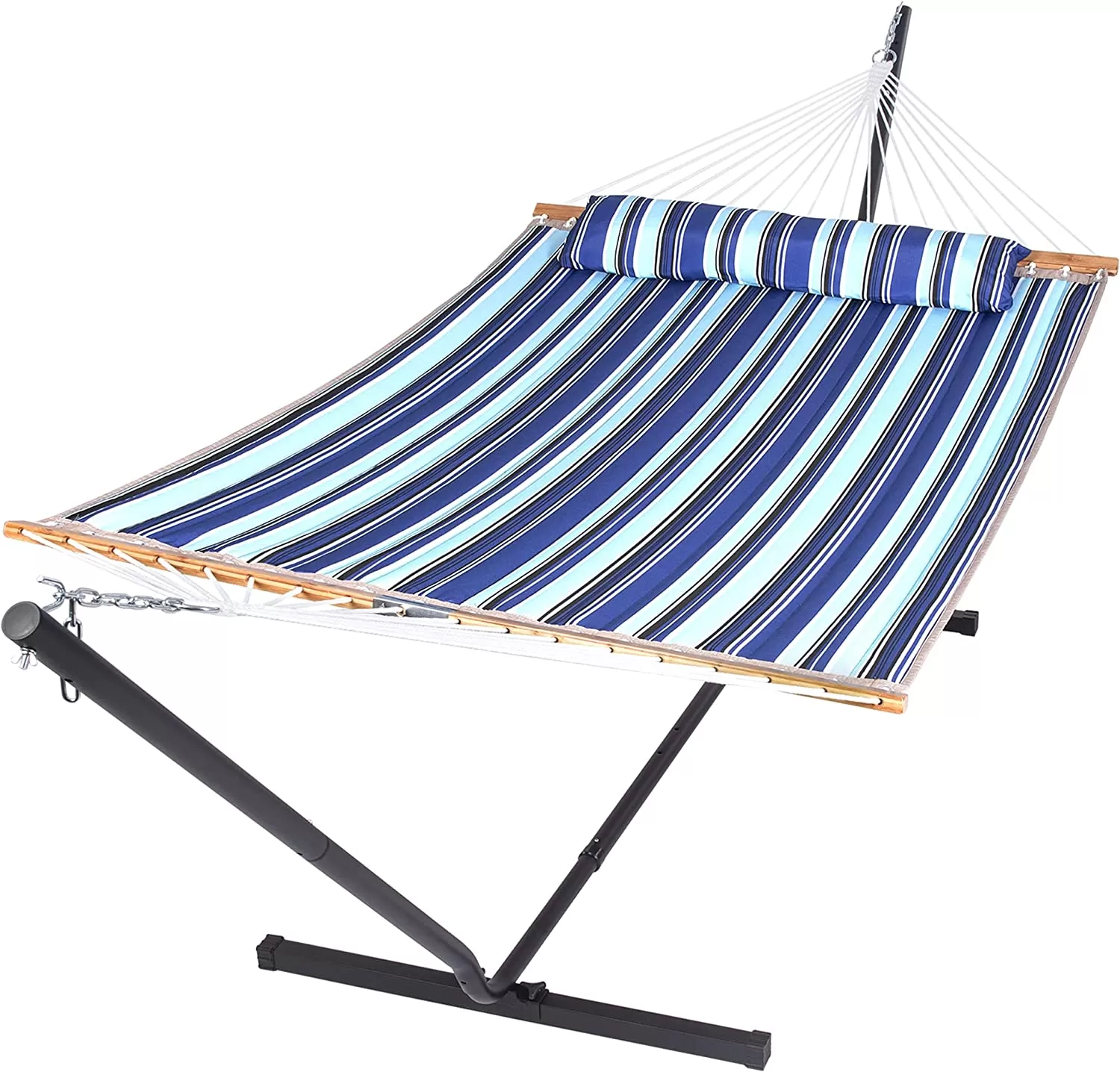 55 Inch Extra Large Double Hammock with Stand, 475lbs Capacity, Outdoor Portable Hammock with Hardwood Spreader Bar, Extra Large Pillow