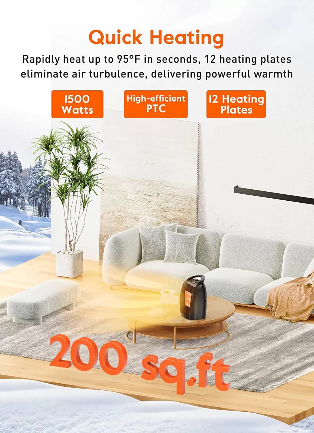 Portable Electric Space Heater with Thermostat, 1500W/750W Safe and Quiet Ceramic Heater Fan, Heat Up 200 Square Feet for Office Room Desk Indoor Use