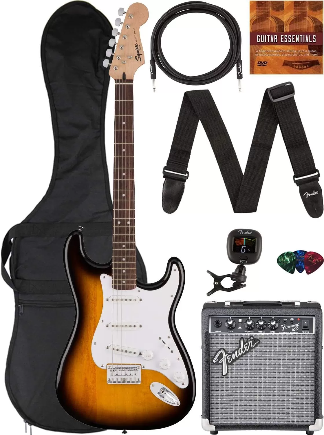 Fender Squier Stratocaster - Sunburst Bundle with Frontman 10G Amp, Gig Bag, Instrument Cable, Tuner, Strap, Picks, Fender Play Online Lessons, Instructional Book, and Austin Bazaar Instructional DVD