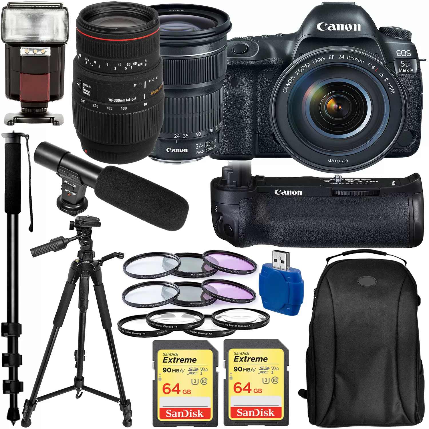 Canon EOS 5D Mark IV DSLR Camera With 24-105mm F/4L II Lens, Sigma 70-300mm F/4-5.6 Lens And Accessory Bundle