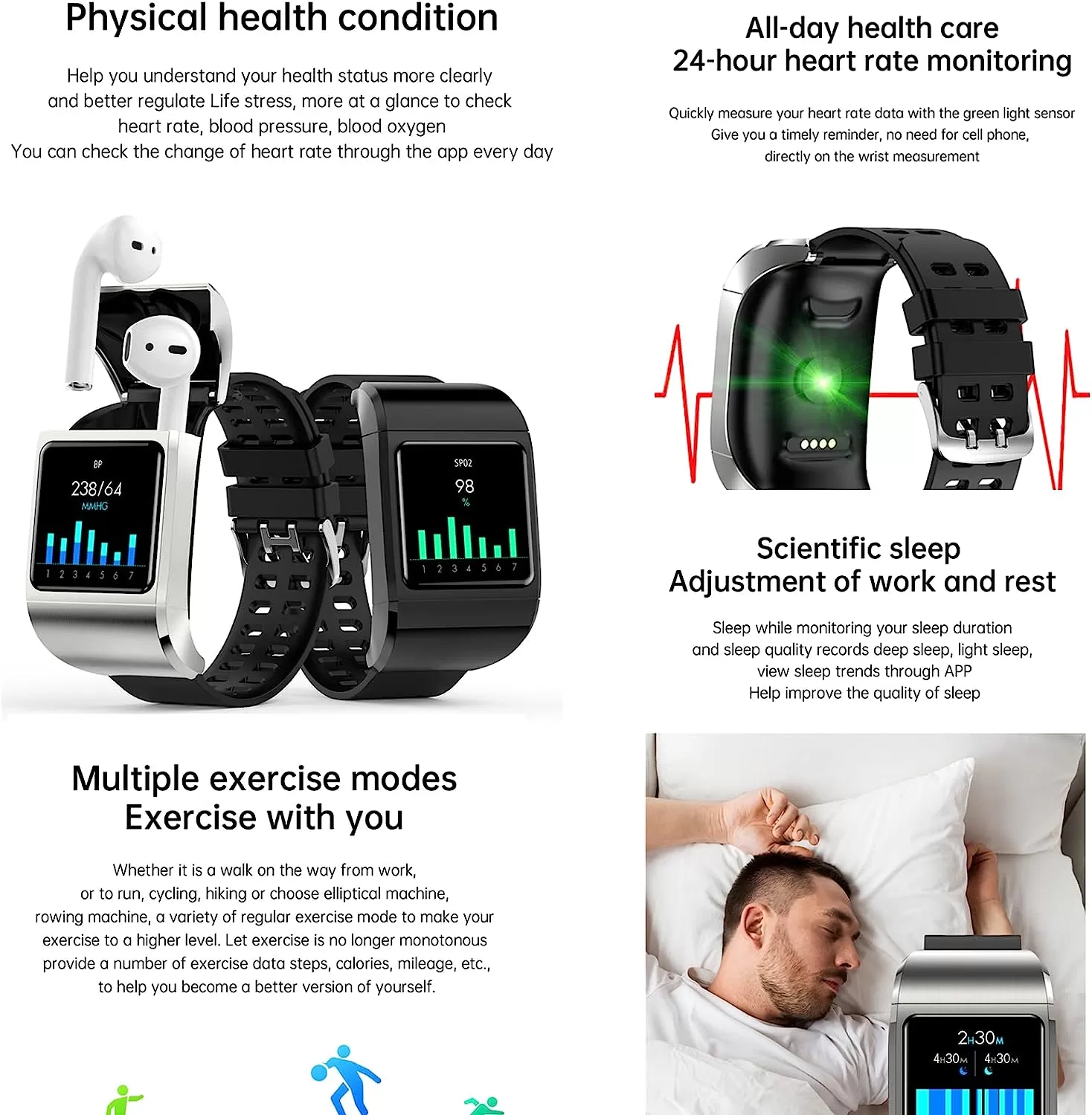 G36Pro 2 in 1 Smart Watch TWS Wireless Bluetooth Headset 1.3 Inch Screen Heart Rate Blood Pressure Oxygen Fitness Tracker Earbuds Music Wristband Earphone Smartwatch (Silver)
