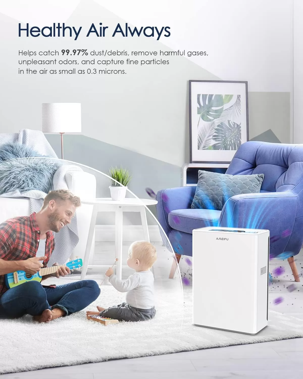AMEIFU Air Purifiers for Home Large Room up to 1640ft2, Hepa Air Purifiers, H13 True HEPA Air Filter for Wildfires, Pets Hair, Dander, Smoke, Pollen, 3 Fan Speeds, 5 Timer, Sleep Mode 15DB Air Cleaner