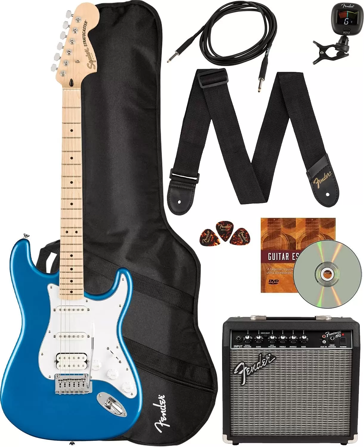 Fender Squier Stratocaster - Sunburst Bundle with Frontman 10G Amp, Gig Bag, Instrument Cable, Tuner, Strap, Picks, Fender Play Online Lessons, Instructional Book, and Austin Bazaar Instructional DVD