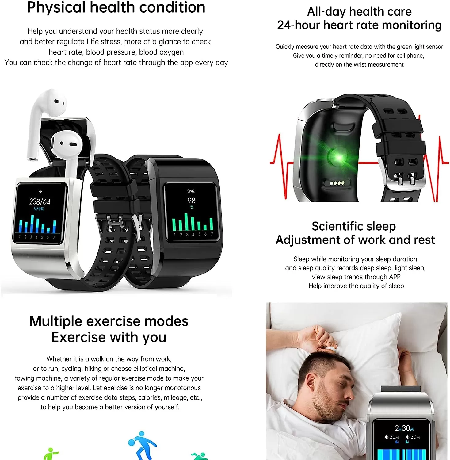 G36Pro 2 in 1 Smart Watch TWS Wireless Bluetooth Headset 1.3 Inch Screen Heart Rate Blood Pressure Oxygen Fitness Tracker Earbuds Music Wristband Earphone Smartwatch (Silver)