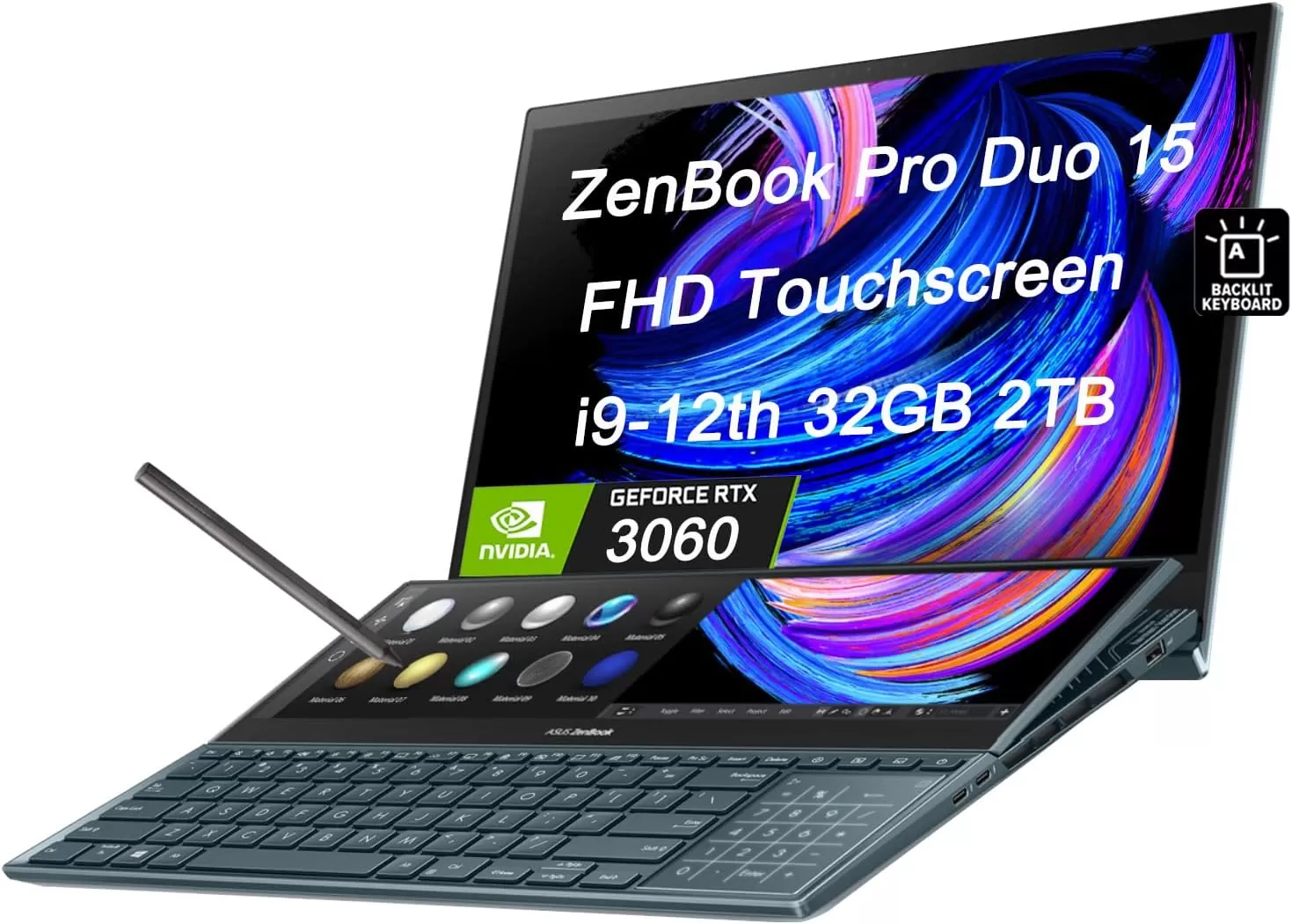 ASUS ZenBook Pro Duo 15 OLED UX582 Laptop, 15.6ā OLED FHD Touch Display, Intel Core i9-12900H, 32GB, 1TB, GeForce RTX 3060 Laptop GPU, ScreenPad Plus, Windows 11 Pro, Celestial Blue, UX582ZM-XS96T